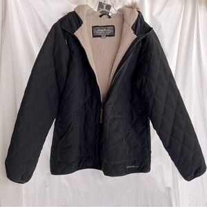 NWT Eddie Bauer Faux Sherpa Lined Quilted Jacket Snow Furry Jacket Black XL